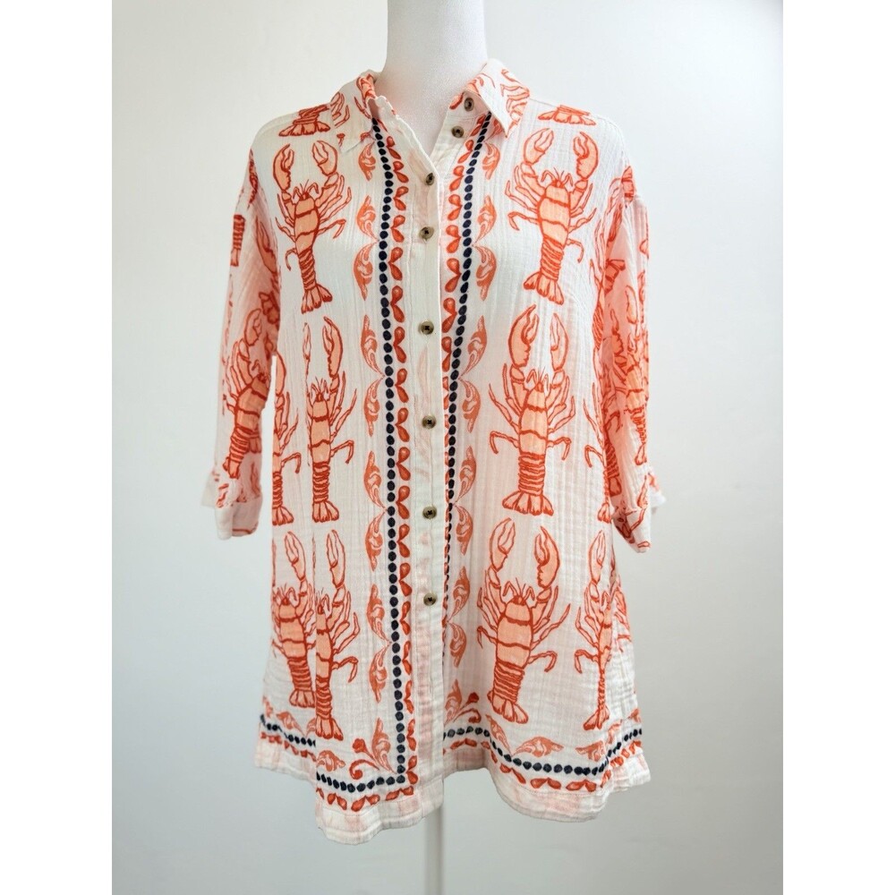 Anthropologie Lobster Print Tunic Blouse Womens S Orange Button Front Beachy